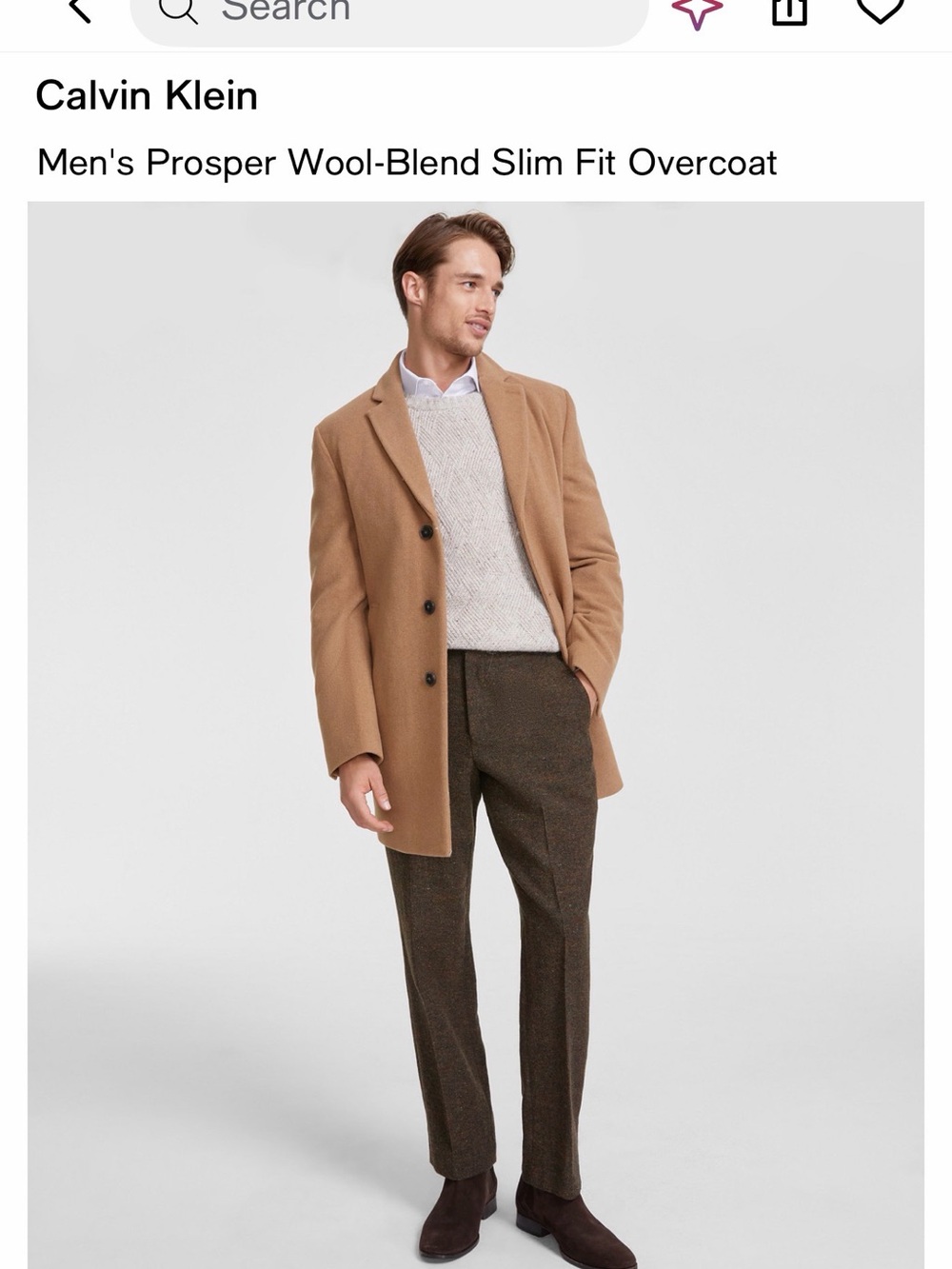 Calvin Klein Men's Slim Wool-Blend Overcoat in Camel